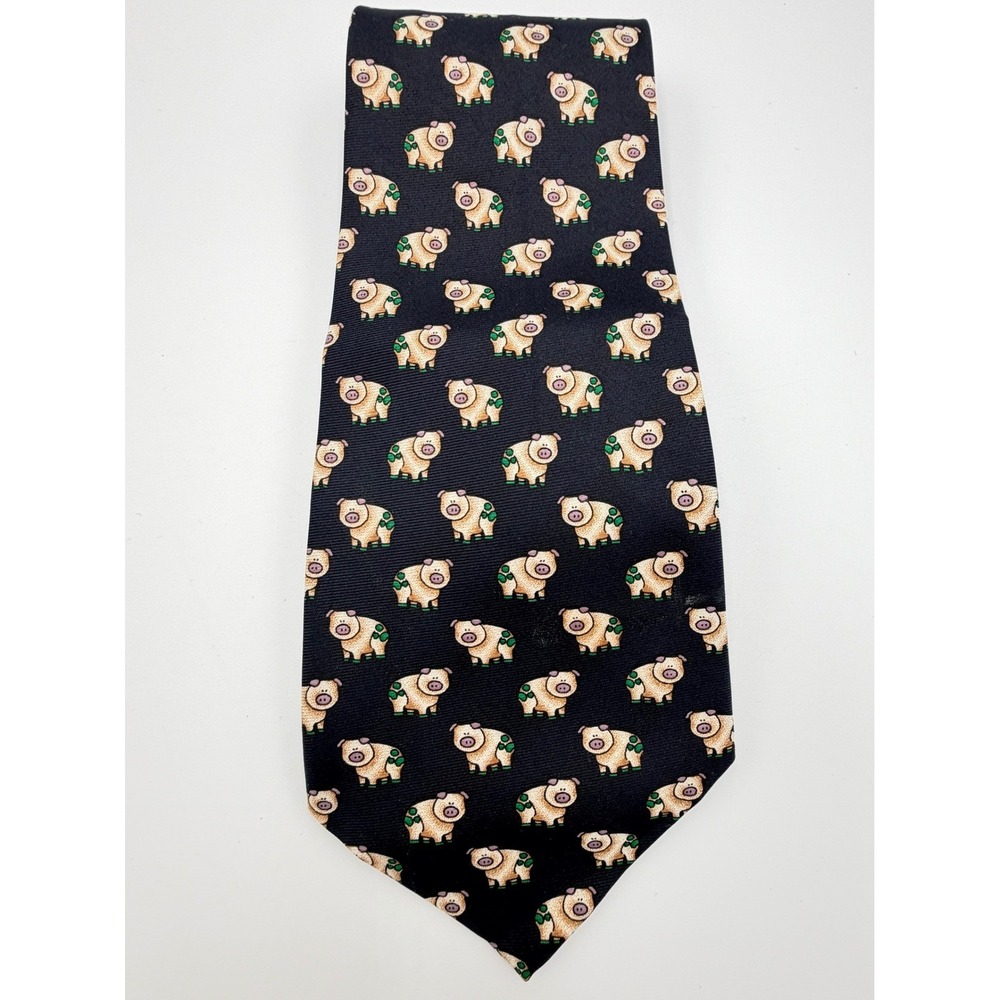 Marco Polo Italian Style Navy Blue Silk Tie Whimsical Pig Animal Print Pattern